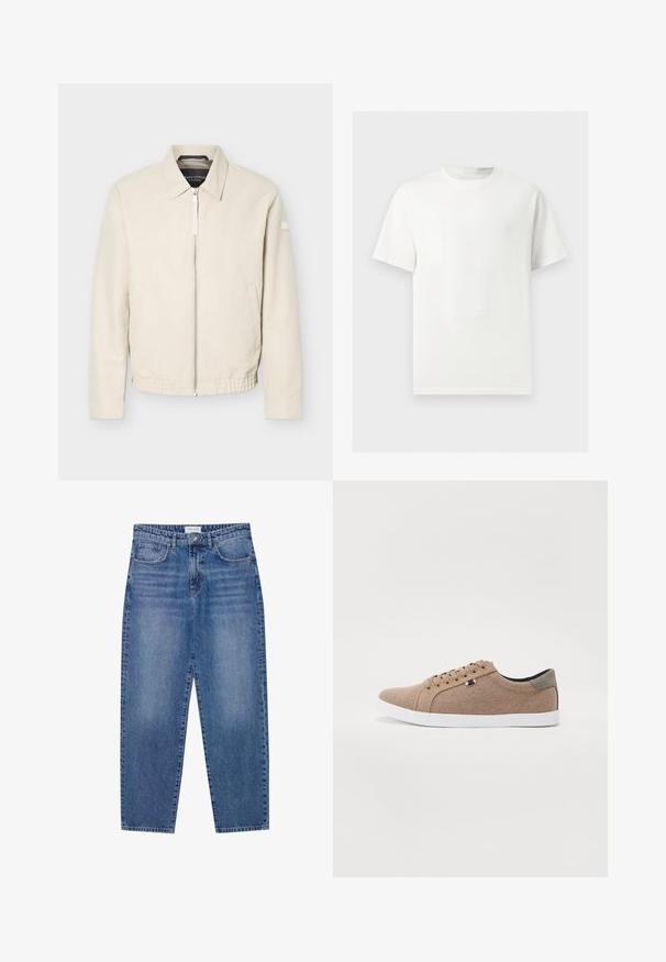 Beige jas met ritssluiting en kraag, lange mouwen, twee zijzakken, elastische tailleband en een klein patch op de linkermouw.; Effen wit T-shirt met korte mouwen en ronde hals, weergegeven op een lichtgrijze achtergrond.; Blauwe denim jeans met een hoge taille, rechte pijpen en een vervaagde afwerking. Beschikt over vijf zakken en een knoopsluiting.; Beige canvas sneakers met een low-top ontwerp, witte rubberen zool en ronde veters. Kenmerkt zich door een contrasterende grijze hielaccent en logodetail.