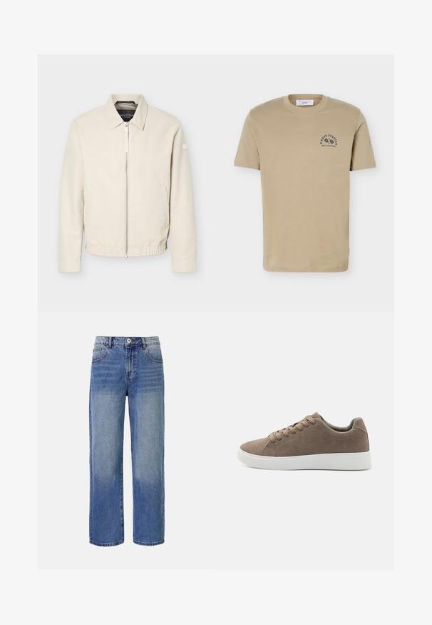 Chaqueta beige con cremallera, cuello, mangas largas, dos bolsillos laterales, cintura elástica y un pequeño parche en la manga izquierda.; Camiseta beige de manga corta con cuello redondo y pequeño logo deportivo negro en el pecho izquierdo que dice "MOPD SPORTS MARC O'POLO DENIM".; Jeans de mezclilla de pierna ancha en azul claro con un patrón de desvanecimiento, cinco bolsillos y cierre de cremallera. Presenta un botón y passadores para el cinturón en la cintura.; Zapatillas de ante marrón con suelas de goma blanca planas, diseño de cordones, punta redondeada y una textura suave. Estilo minimalista con sutiles detalles de costura.
