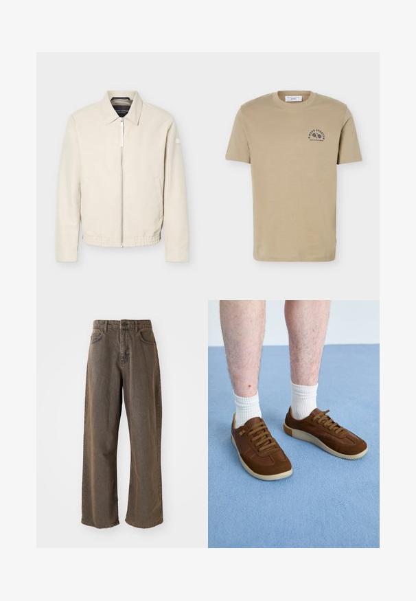Veste beige à fermeture éclair avec col, manches longues, deux poches latérales, taille élastique et un petit patch sur la manche gauche.; T-shirt beige à manches courtes avec col rond et petit logo sportif noir sur la poitrine gauche indiquant "MOPD SPORTS MARC O'POLO DENIM".; Pantalons en denim brun à jambes larges, avec une fermeture à bouton, des passants de ceinture et des poches avant. Le tissu a une texture légèrement décolorée.; Baskets marron en daim et en cuir, dotées d'une semelle en caoutchouc, d'une forme arrondie et de six œillets avec des lacets marron assortis.