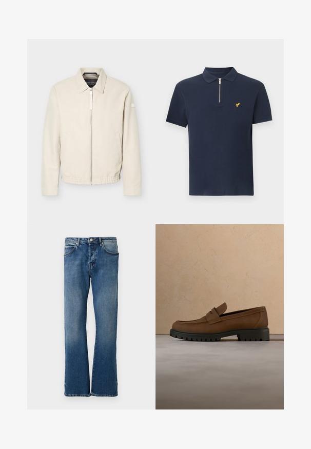 Beige jas met ritssluiting en kraag, lange mouwen, twee zijzakken, elastische tailleband en een klein patch op de linkermouw.; Navyblauw poloshirt met korte mouwen, geribbeld stofpatroon, zilveren rits aan de voorkant en een klein geel vogel-logo op de linkerborst.; Lichtblauwe denim jeans met een rechte pijpontwerp, voorzien van vijf zakken, een knoopsluiting en subtiele vervagingen op de stof.; Donkerbruine leren loafer met dikke zwarte rubberen zool, getoond boven een beige tapijt en bankachtergrond.
