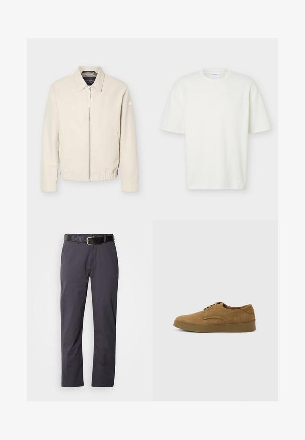 Beige lynlåsjakke med krave, lange ærmer, to sidelommer, elastisk taljebånd og et lille mærke på venstre ærme.; Hvid tekstureret T-shirt med korte ærmer og rund hals med en almindelig pasform og et lille mærke indeni kraven.; Sorte bomuldsbukser med lige snit, der har to forlommer og et bælte. Stoffet har en glat tekstur og en mat finish.; Brun ruskindslærredsko med snørebånd og flad gummisål, set fra siden på en ensfarvet lys baggrund.