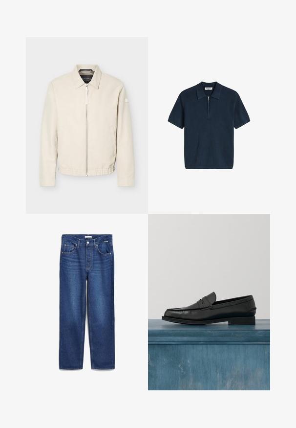Beige Reißverschlussjacke mit Kragen, langen Ärmeln, zwei Seitentaschen, elastischem Bund und einem kleinen Aufnäher am linken Ärmel.; Marineblaues Strick-Poloshirt mit kurzen Ärmeln, Rippstruktur und halbem Reißverschluss vorne.; Denim-Jeans in Dunkelblau, gerades Bein Design mit mittelhohem Bund, fünf Taschen und subtiler Ausbleichung an der Vorderseite.; Schwarze Leder-Loafer mit schlankem Design, ausgestattet mit einer abgesteppten Zehe und einer glatten Oberfläche. Der Schuh verfügt über einen flachen Absatz und minimale Verzierungen.