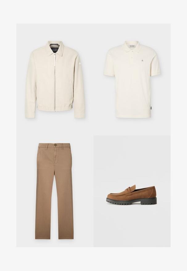 Beige lynlåsjakke med krave, lange ærmer, to sidelommer, elastisk taljebånd og et lille mærke på venstre ærme.; Off-white kortærmet polo t-shirt med to knapper, lille logo på venstre bryst og en krave, vist på en ensfarvet baggrund.; Khaki chinos med en lige ben-design, lavet af blødt bomuldsstof, med en enkelt knaplukning og bæltestropper.; Brune Suede loafers med en rund tå og en lav sort gummisål, der har et dekorativt bånd og syninger på overdelen.