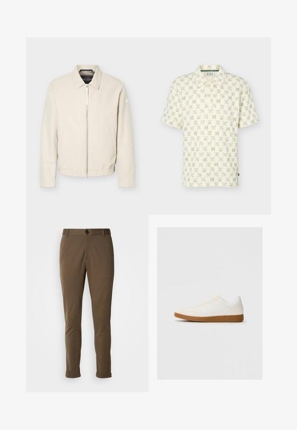 Beige jas met ritssluiting en kraag, lange mouwen, twee zijzakken, elastische tailleband en een klein patch op de linkermouw.; Korte mouwen crème polo met groen bloemenpatroon, kraag en twee knopen sluiting van Scotch & Soda.; Bruine, op maat gemaakte broeken met een gladde textuur, voorzien van een knoopsluiting en opgerolde mouwen. Ontworpen met een slim fit en functionele zakken.; Witte sneaker met een suède neus, een glad synthetisch bovenwerk en een tan rubberen zool. Beschikt over perforaties aan de zijkanten voor ventilatie.