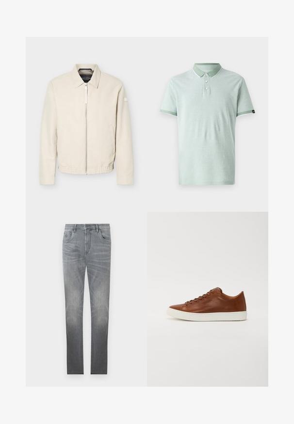 Beige lynlåsjakke med krave, lange ærmer, to sidelommer, elastisk taljebånd og et lille mærke på venstre ærme.; Lysegrøn polo shirt lavet af blødt stof, med klassisk krave, tre knapper, og hvide detaljer på kraven og ærmerne.; Grå denim jeans med et falmet design, fem-lommer stil, knaplukning og lige ben. Glat tekstur med let slid ved kanterne.; Brun lædersneaker med rund tå, hvid gummisål og rene linjer. Har snørebåndslukning og diskret mærkning på siden.