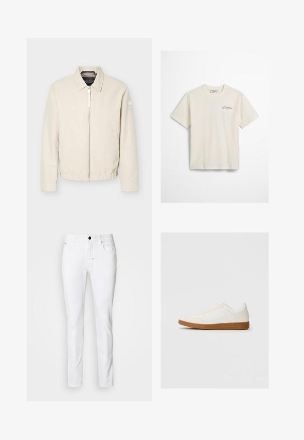 Beige jas met ritssluiting en kraag, lange mouwen, twee zijzakken, elastische tailleband en een klein patch op de linkermouw.; Witte katoenen T-shirt met korte mouwen, voorzien van een klein gedrukt tekstlogo in donkergroen op de linkerkant van de borst. Ronde halslijn, casual fit.; Witte denim jeans met een rechte pijpdesign, klassieke vijf-pocket stijl, metalen knoopsluiting en subtiele stikseldetails.; Witte sneaker met een suède neus, een glad synthetisch bovenwerk en een tan rubberen zool. Beschikt over perforaties aan de zijkanten voor ventilatie.