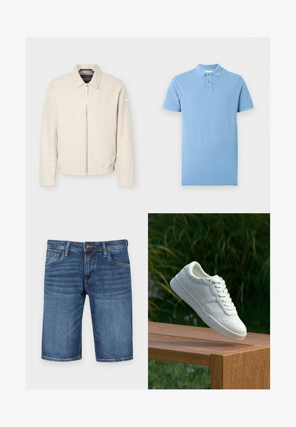 Chaqueta beige con cremallera, cuello, mangas largas, dos bolsillos laterales, cintura elástica y un pequeño parche en la manga izquierda.; Polo azul claro de manga corta con tapeta de dos botones y pequeño logo bordado en el pecho izquierdo.; Bermudas de mezclilla azul oscuro con corte recto, diseño de cinco bolsillos y costuras en contraste. Cierre de botón y cremallera en la cintura.; Zapatilla de cuero blanca con una textura suave, que presenta un diseño perforado, cordones clásicos y suela de goma, posicionada sobre una superficie de madera.