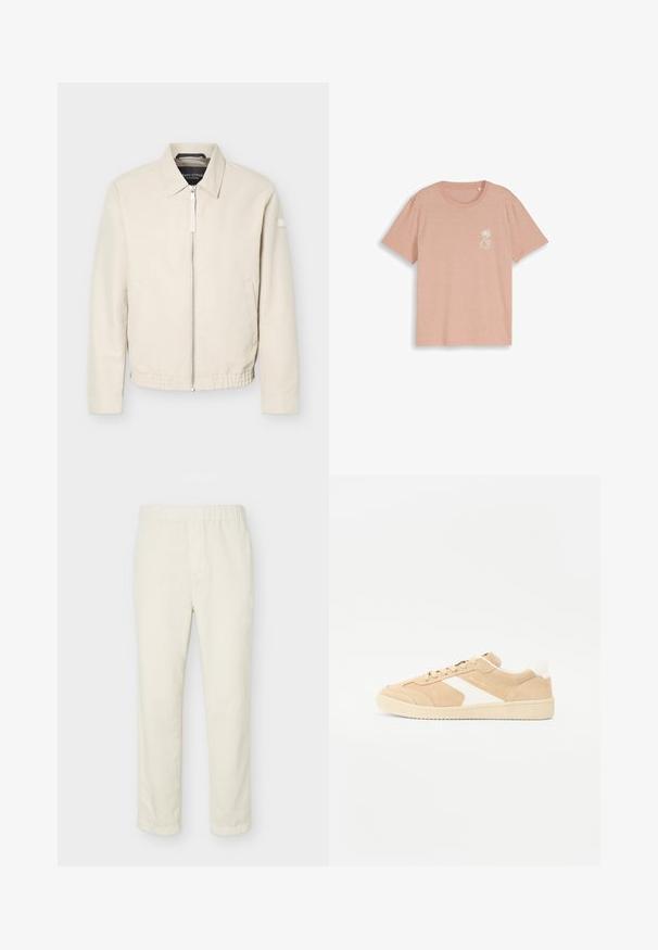 Beige lynlåsjakke med krave, lange ærmer, to sidelommer, elastisk taljebånd og et lille mærke på venstre ærme.; Beige T-shirt med korte ærmer og rund halsudskæring med lille hvidt palmetræsgrafik og teksten "EST. 07 DENIM DESIGN STUDIO" på venstre bryst.; Off-white bukser med lige ben, elastisk taljebånd og minimal detaljering, vist på en ensartet lys baggrund.; Beige ruskind sneakers med hvide detaljer, rund tå og snørebåndslukning. Tekstureret overdel og gummisål med diskret branding.