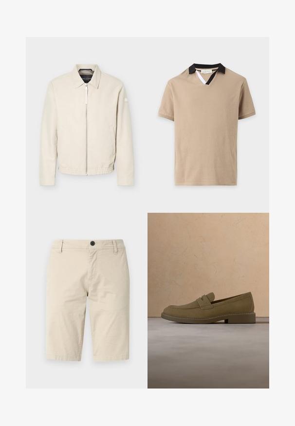 Veste beige à fermeture éclair avec col, manches longues, deux poches latérales, taille élastique et un petit patch sur la manche gauche.; Polo beige à manches courtes avec un col noir et une petite insertion blanche sur l'ouverture en V.; Shorts beiges en tissu léger, avec un devant plat, une fermeture à un bouton et deux poches latérales ; texture lisse.; Mocassin en daim marron flottant au-dessus d'un tapis beige texturé dans un salon avec une table basse en bois et des livres empilés.