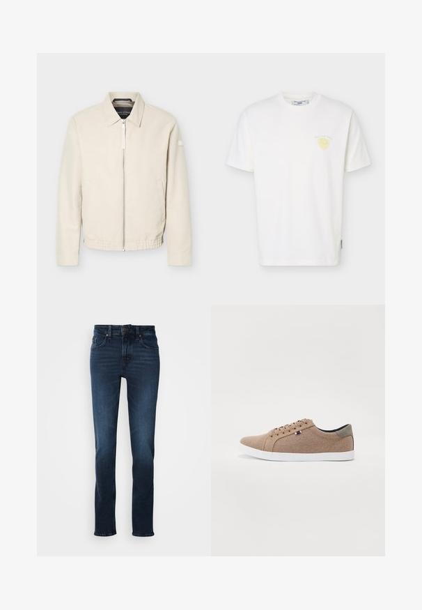 Beige lynlåsjakke med krave, lange ærmer, to sidelommer, elastisk taljebånd og et lille mærke på venstre ærme.; Hvid T-shirt med korte ærmer og rund hals, med lille gul frugt-grafik og teksten "Marc O’Polo Denim" på venstre bryst.; Mørkeblå denim jeans med lige ben-design, fem-lomme stil, frontknaplukning og subtilt slid på lårene.; Beige lærreds sneakers med lavt design, hvid gummisål og runde snørebånd. Har et kontrasterende gråt hælrelief og logo detalje.