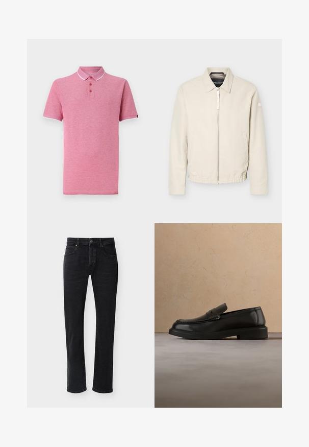 Beige lynlåsjakke med krave, lange ærmer, to sidelommer, elastisk taljebånd og et lille mærke på venstre ærme.; Lyserød polo T-shirt med korte ærmer, ribbet krave, tre-knaps knappemodel og kontrasterende hvid trim ved kraven og ærmerne.; Sorte jeans med lige ben, forlommer, bæltestropper, knaplukning og synlige syninger på en ensfarvet hvid baggrund.; Sort læderloafer svæver over et beige flettet tæppe med et rundt træbord og en sofa i baggrunden.
