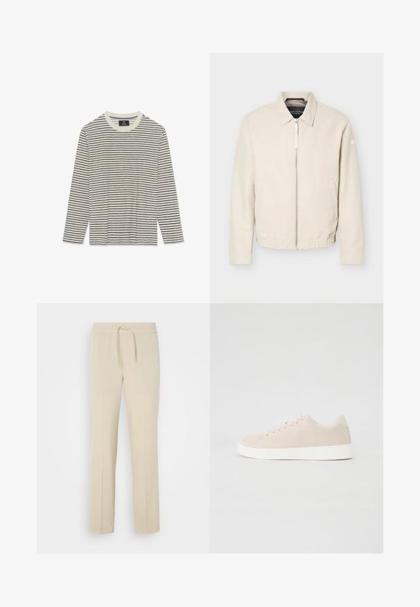 Chaqueta beige con cremallera, cuello, mangas largas, dos bolsillos laterales, cintura elástica y un pequeño parche en la manga izquierda.; Camisa de manga larga con una base crema y finas rayas marinas. Presenta un cuello redondo y una textura suave. Sin logotipos ni adornos visibles.; Pantalones beis con cintura elástica y cordón. Presentan piernas rectas y una textura suave, adecuados para el uso casual o para relajarse.; Zapatillas de ante beige con suelas de goma blanca, puntera redondeada y seis ojales para los cordones. Textura suave con un diseño minimalista.