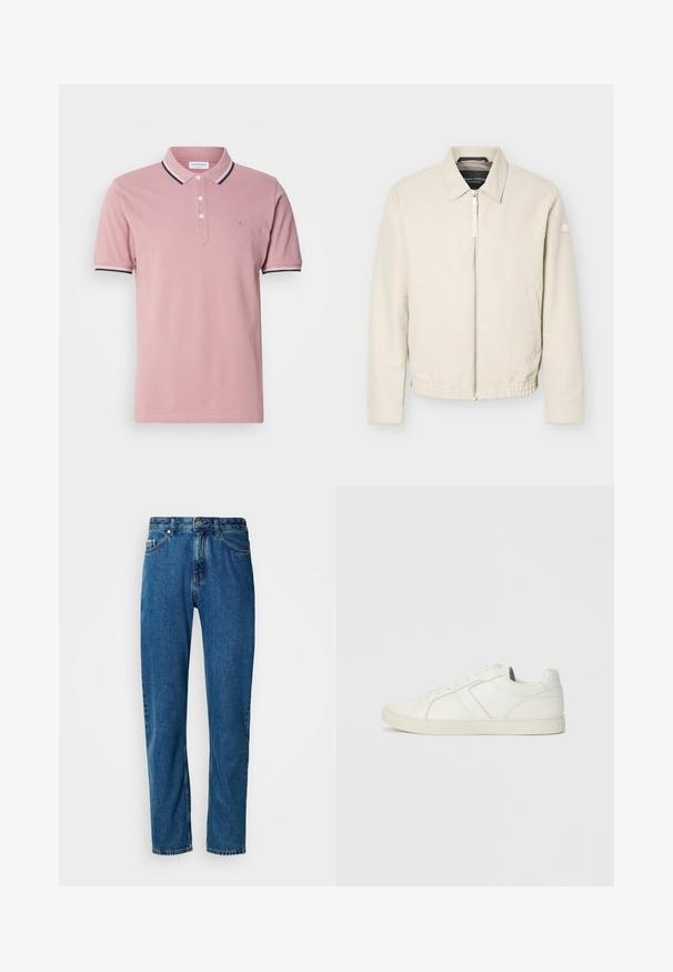Beige jas met ritssluiting en kraag, lange mouwen, twee zijzakken, elastische tailleband en een klein patch op de linkermouw.; Roze poloshirt met een knoopsluiting met twee knopen, een geribbelde kraag met marineblauwe en witte strepen, en een subtiel logo geborduurd op de borst.; Blauwe rechte spijkerbroek met vijf zakken en een knoopsluiting aan de voorkant op een witte achtergrond.; Laag uitgesneden witte leren sneaker met vetersluiting en platte rubberen zool, gezien van de binnenkant op een effen achtergrond.
