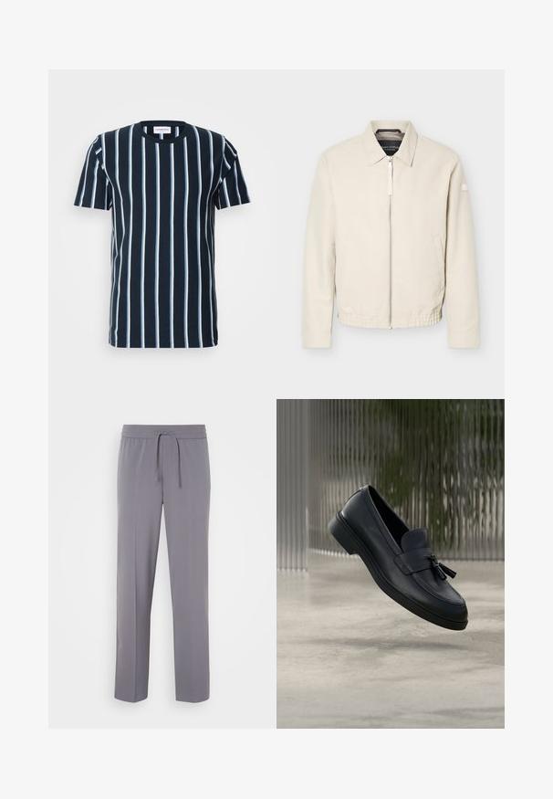 Chaqueta beige con cremallera, cuello, mangas largas, dos bolsillos laterales, cintura elástica y un pequeño parche en la manga izquierda.; Camiseta de rayas marinas con rayas blancas verticales, un cuello redondo, mangas cortas y un corte relajado. Tela de algodón suave.; Pantalones grises, elásticos, con frente plano, cinturilla elástica y cordón, que presentan piernas rectas y una textura suave.; Mocasines de cuero negro con textura suave, punta redondeada y borlas decorativas en el frente. Suela de goma flexible con tacón bajo.