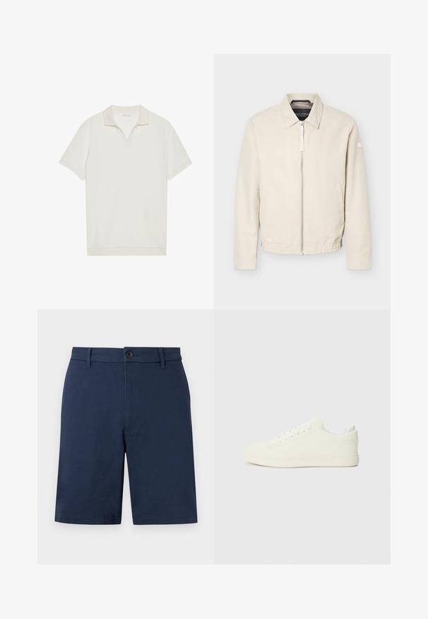 Veste beige à fermeture éclair avec col, manches longues, deux poches latérales, taille élastique et un petit patch sur la manche gauche.; Polo blanc à manches courtes avec un col en V et un tissu texturé. Design simple avec un col et des accents de manches contrastants.; Shorts pour hommes ajustés bleu marine avec passants pour ceinture, fermeture à bouton, et design avant épuré sur un fond uni.; Baskets blanches avec une tige à texture lisse, bout arrondi et laçage traditionnel, arborant un design minimaliste et une semelle en caoutchouc.