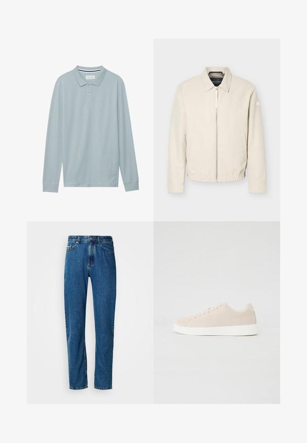 Beige jas met ritssluiting en kraag, lange mouwen, twee zijzakken, elastische tailleband en een klein patch op de linkermouw.; Lange mouw polo shirt in lichtblauw met een vlakke kraag, een drieknoopssluiting en een subtiele textuur. Beschikt over een gestreepte binnenkraag.; Blauwe rechte spijkerbroek met vijf zakken en een knoopsluiting aan de voorkant op een witte achtergrond.; Beige suède sneakers met witte rubberen zolen, ronde neus en zes veterogen. Gladde textuur met minimalistisch ontwerp.