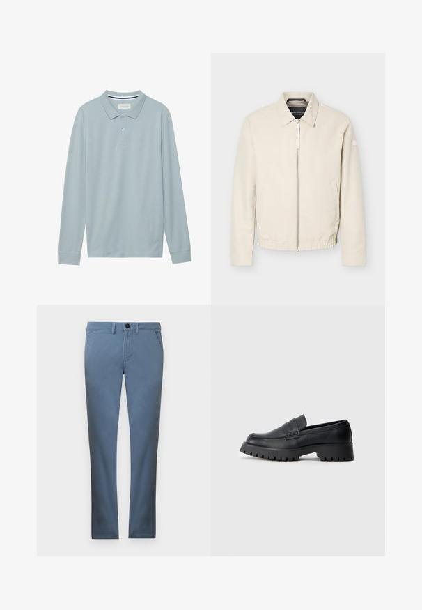 Beige jas met ritssluiting en kraag, lange mouwen, twee zijzakken, elastische tailleband en een klein patch op de linkermouw.; Lange mouw polo shirt in lichtblauw met een vlakke kraag, een drieknoopssluiting en een subtiele textuur. Beschikt over een gestreepte binnenkraag.; Lichtblauwe, rechte broek met knoopsluiting, platte voorkant en zijzakken; gemaakt van glad, lichtgewicht stof.; Zwarte leren instappers met een ronde neus, voorzien van een decoratieve riem en een stevige rubberen zool met diepe groeven voor grip.