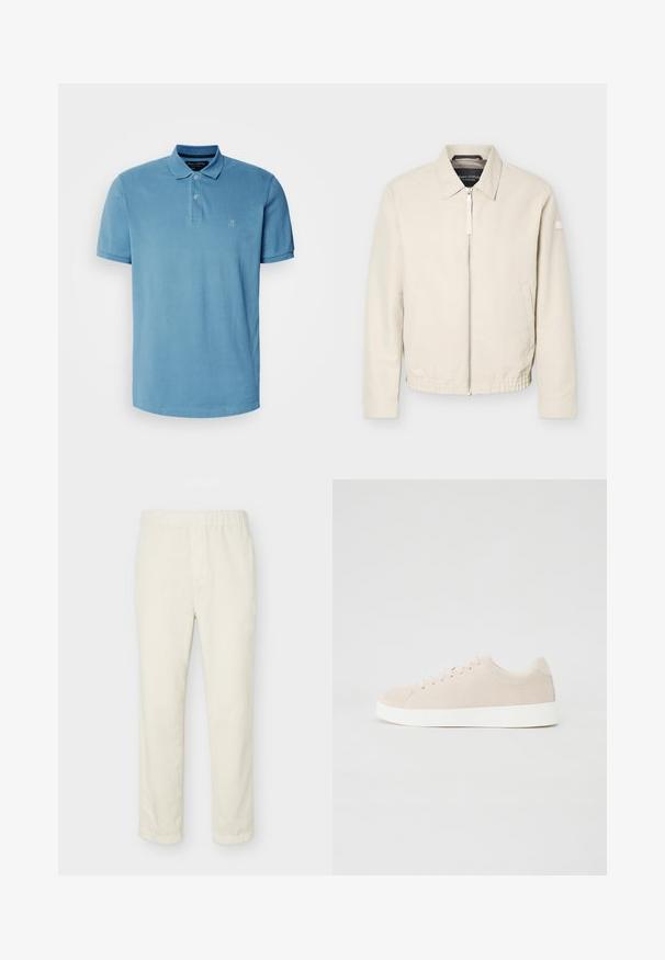Beige Reißverschlussjacke mit Kragen, langen Ärmeln, zwei Seitentaschen, elastischem Bund und einem kleinen Aufnäher am linken Ärmel.; Helles blaues Poloshirt aus Baumwolle, mit klassischem Kragen, Drei-Knopf-Leiste und kleinem gesticktem Logo auf der Brust.; Ecrufarbene Hose mit geradem Bein, elastischem Bund und minimalen Details, auf hellem, schlichter Hintergrund präsentiert.; Beige Wildlederschuhe mit weißen Gummisohlen, runder Zehenform und sechs Ösen für die Schnürsenkel. Glatte Textur mit minimalistischem Design.