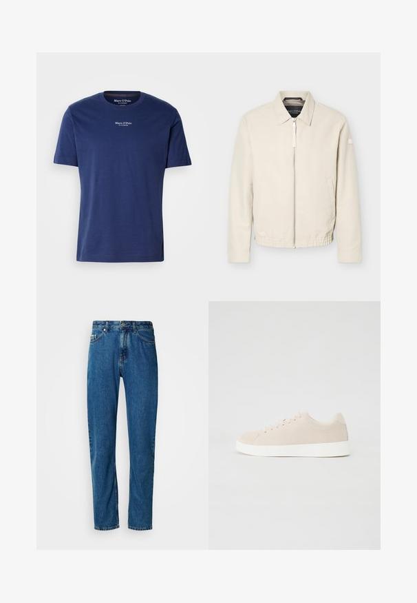 Beige lynlåsjakke med krave, lange ærmer, to sidelommer, elastisk taljebånd og et lille mærke på venstre ærme.; Mørkeblå bomulds T-shirt med korte ærmer, rund udskæring og lille hvidt logo på brystet. Glat tekstur og afslappet pasform.; Blå lige ben denim jeans med fem lommer og frontlukning med knap på en hvid baggrund.; Beige ruskindsneakers med hvide gummisåler, rund tå og seks snøringshuller. Glat tekstur med minimalisk design.