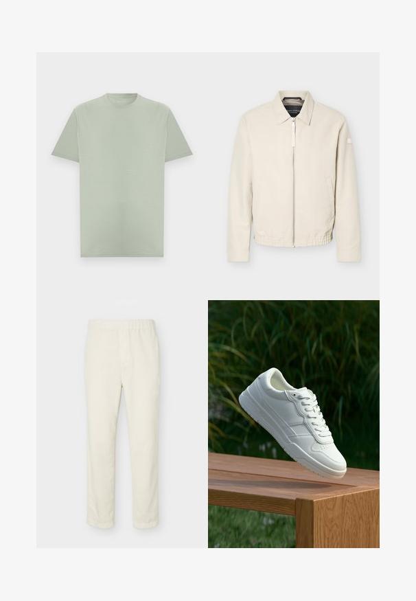 Veste beige à fermeture éclair avec col, manches longues, deux poches latérales, taille élastique et un petit patch sur la manche gauche.; T-shirt vert clair à manches courtes et col rond avec une texture subtile de rayures horizontales, présenté sur un fond neutre.; Pantalon droit couleur blanc cassé avec taille élastique et détails minimalistes, présenté sur un fond clair uni.; Baskets en cuir blanc avec une texture lisse, présentant un design perforé, un laçage classique et une semelle en caoutchouc, positionnées au-dessus d'une surface en bois.