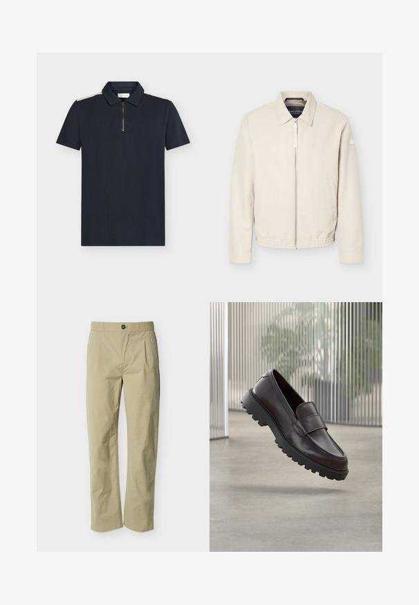 Beige jas met ritssluiting en kraag, lange mouwen, twee zijzakken, elastische tailleband en een klein patch op de linkermouw.; Marineblauw poloshirt met korte mouwen, textuurstof, ritssluiting bij de kraag en contrasterende witte accenten op de schouders.; Beige rechte broek met knoopsluiting, riemlussen en zoomplooien aan de voorkant op een effen lichte achtergrond.; Bruine leren instapschoen met een afgeronde neus en een stevige zwarte rubberen zool. Voorzien van een decoratief bandje over de wreef.