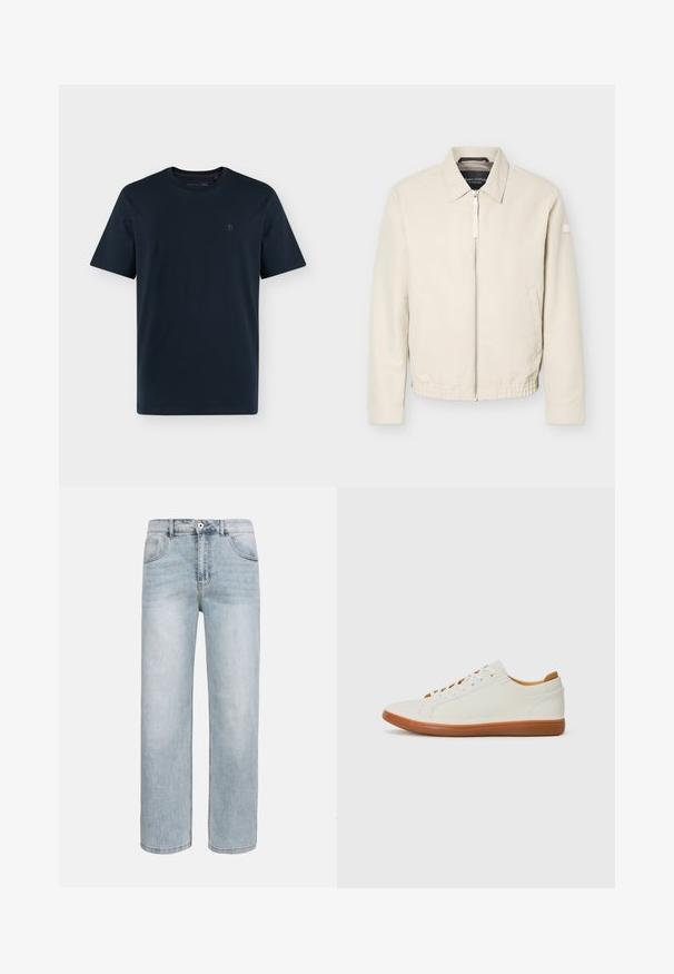 Beige jas met ritssluiting en kraag, lange mouwen, twee zijzakken, elastische tailleband en een klein patch op de linkermouw.; Donker marineblauw T-shirt met korte mouwen en ronde hals met een klein, subtiel logo op de linkerborst tegen een witte achtergrond.; Lichtblauwe rechte jeans met voorzakken, een knoopsluiting en subtiele vervaging op de dijen en knieën.; Witte sneaker met een bovenwerk van gestructureerd leder, ronde neus en rubberen zool. Voorzien van platte witte veters en tan interieuraccenten.