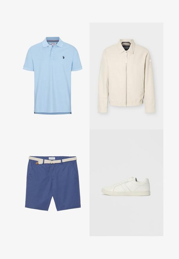 Beige jas met ritssluiting en kraag, lange mouwen, twee zijzakken, elastische tailleband en een klein patch op de linkermouw.; Lichtblauwe polo met korte mouwen van zachte katoen. Beschikt over een drieknops sluiting, kraag en geborduurd logo op de borst.; Blauwe katoenen shorts met een geweven crèmekleurige riem. Kenmerken zijn onder andere twee zijzakken en een klassieke pasvorm met een recht model.; Laag uitgesneden witte leren sneaker met vetersluiting en platte rubberen zool, gezien van de binnenkant op een effen achtergrond.