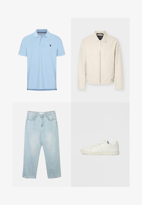 Beige jas met ritssluiting en kraag, lange mouwen, twee zijzakken, elastische tailleband en een klein patch op de linkermouw.; Lichtblauwe polo met korte mouwen van zachte katoen. Beschikt over een drieknops sluiting, kraag en geborduurd logo op de borst.; Lichtblauwe denim jeans met een relaxte fit, vijf zakken, een knoopsluiting en subtiele vervaging. De textuur is glad en licht versleten.; Laag uitgesneden witte leren sneaker met vetersluiting en platte rubberen zool, gezien van de binnenkant op een effen achtergrond.
