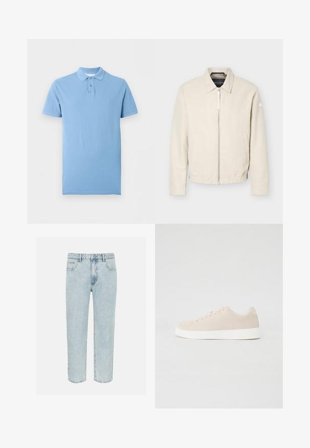 Veste beige à fermeture éclair avec col, manches longues, deux poches latérales, taille élastique et un petit patch sur la manche gauche.; Polo bleu clair à manches courtes avec une patte à deux boutons et un petit logo brodé sur la poitrine gauche.; Jean en denim bleu clair à jambes droites avec poches avant, passants pour ceinture et fermeture par bouton.; Baskets en daim beige avec semelles en caoutchouc blanc, bout rond et six œillets pour les lacets. Texture lisse avec un design minimaliste.
