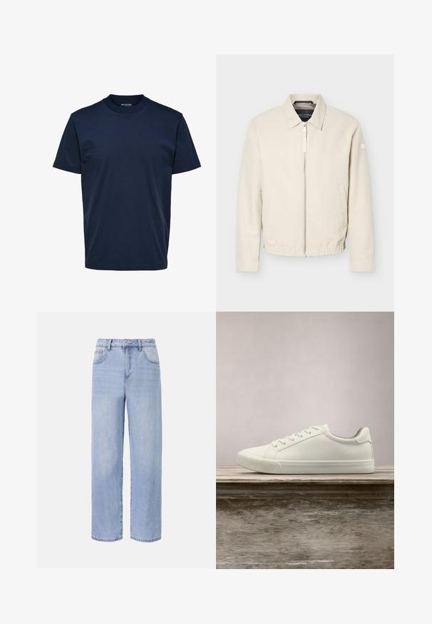 Beige jas met ritssluiting en kraag, lange mouwen, twee zijzakken, elastische tailleband en een klein patch op de linkermouw.; Heren effen donkerblauw T-shirt met korte mouwen en ronde hals, reguliere pasvorm, zonder zichtbare patronen of logo's.; Lichtblauwe denim jeans met een ontspannen, wijde pasvorm. Kenmerken zijn onder andere vijf zakken, een sluiting met een knoop aan de voorkant en subtiele vervaging.; Witte vetersneaker die boven een houten bank zweeft met groene bladeren op de achtergrond, waarbij het ontwerp en de textuur van de schoen worden getoond.