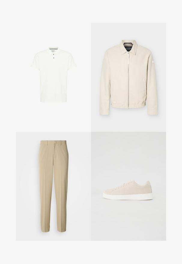 Beige lynlåsjakke med krave, lange ærmer, to sidelommer, elastisk taljebånd og et lille mærke på venstre ærme.; Hvid polo-shirt lavet af bomuld, med en klassisk krave, korte ærmer og en treknapslukning med mørkeblå knapper.; Beige bukser med lige ben, lavet af et glat materiale, med en flad front og uden synlige lommer eller pynt.; Beige ruskindsneakers med hvide gummisåler, rund tå og seks snøringshuller. Glat tekstur med minimalisk design.