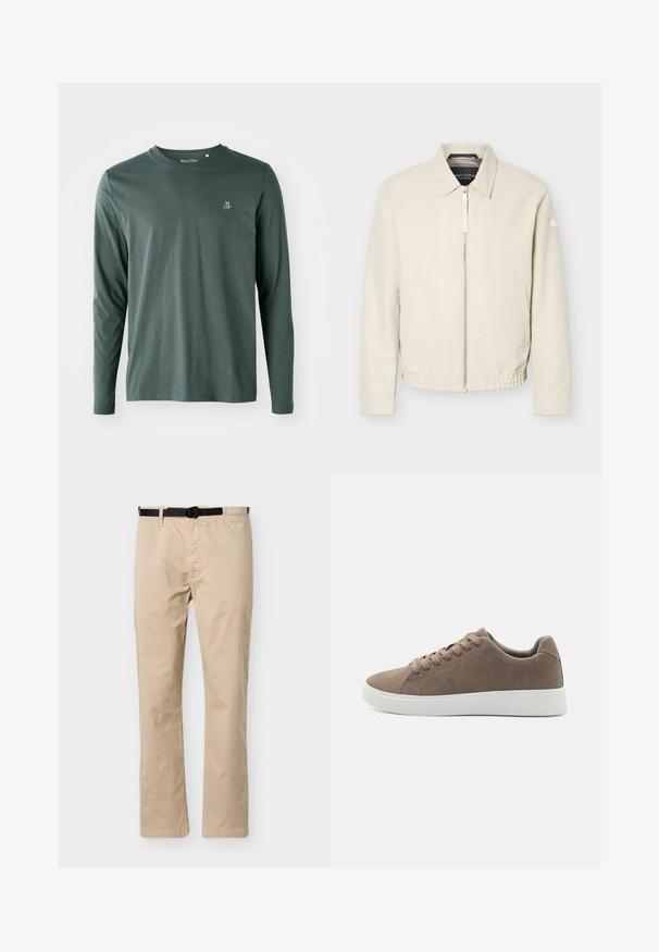 Beige jas met ritssluiting en kraag, lange mouwen, twee zijzakken, elastische tailleband en een klein patch op de linkermouw.; Langsleeve shirt in donkergroen katoen met een ronde halslijn, subtiele textuur en klein wit "M OP" logo op de linkerborst.; Beige broek met rechte pijpen, zwarte verstelbare riem, elastische tailleband aan één kant en een voornaad als detail.; Bruine suède sneakers met platte witte rubberen zolen, vetersluiting, ronde neus en een gladde textuur. Minimalistische stijl met subtiele stikdetails.