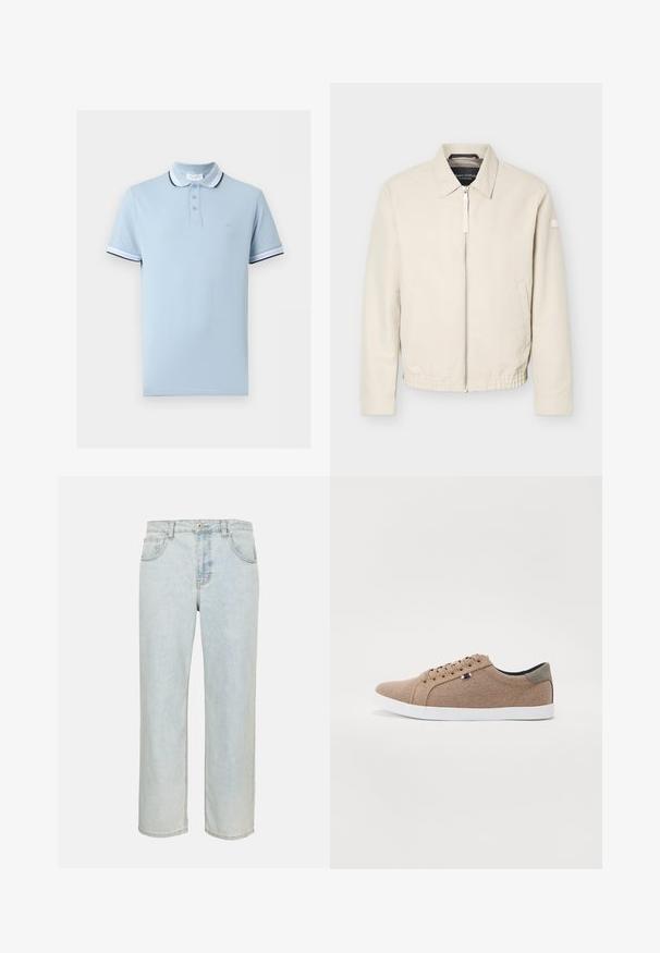 Beige zip-up jacket with collar, long sleeves, two side pockets, elastic waistband, and a small patch on the left sleeve.; Light blue short-sleeve polo shirt with white and black striped collar and sleeve edges, three-button placket, and subtle chest logo.; Light blue straight-leg denim jeans with front pockets, belt loops, and button closure on a plain background.; Beige canvas sneakers with a low-top design, white rubber sole, and round laces. Features a contrasting gray heel accent and logo detail.