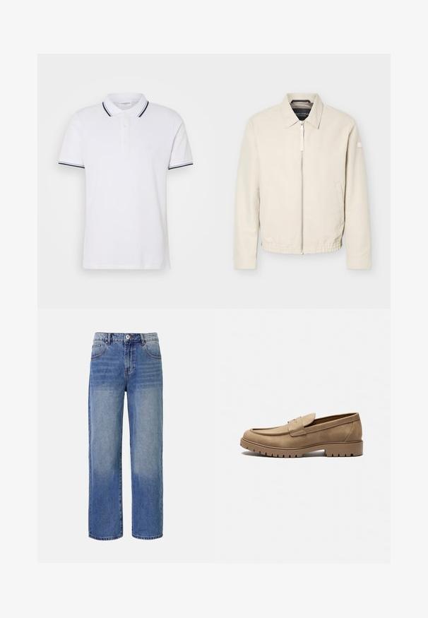 Chaqueta beige con cremallera, cuello, mangas largas, dos bolsillos laterales, cintura elástica y un pequeño parche en la manga izquierda.; Camiseta polo blanca de algodón con cuello, tapeta de tres botones y acentos a rayas en azul marino y blanco en las mangas.; Jeans de mezclilla de pierna ancha en azul claro con un patrón de desvanecimiento, cinco bolsillos y cierre de cremallera. Presenta un botón y passadores para el cinturón en la cintura.; Mocasines de gamuza color marrón claro con punta redondeada, suela plana de goma y costuras decorativas en la parte superior. Presentan un diseño sin cordones para poner y quitar fácilmente.