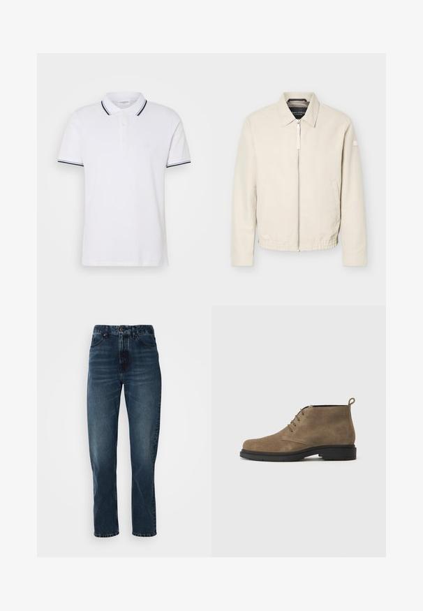 Beige Reißverschlussjacke mit Kragen, langen Ärmeln, zwei Seitentaschen, elastischem Bund und einem kleinen Aufnäher am linken Ärmel.; Weißes Poloshirt aus Baumwolle mit kragen, einer Knopfleiste mit drei Knöpfen und navyblauen sowie weißen gestreiften Akzenten an den Ärmeln.; Dunkelblaue gerade Jeans mit Knopf- und Reißverschluss vorne, Fünf-Taschen-Design und subtiler Ausbleichung an Oberschenkeln und Knien.; Braune Wildleder-Ankle Boots mit runder Spitze, vier Ösen für die Schnürsenkel und einer schwarzen Gummisohle. Mit einer Schlaufe an der Rückseite.