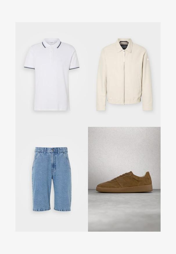 Veste beige à fermeture éclair avec col, manches longues, deux poches latérales, taille élastique et un petit patch sur la manche gauche.; Polo shirt blanc en coton avec col, patte de boutonnage à trois boutons et accents rayés bleu marine et blanc sur les manches.; Shorts en denim bleu clair, avec un design classique à cinq poches, une fermeture par bouton et zip, un ourlet brut et une texture délavée.; Baskets en daim marron avec des lacets couleur fauve et une semelle en caoutchouc. Présente un bout arrondi et des détails cousus sur la tige. Design léger.