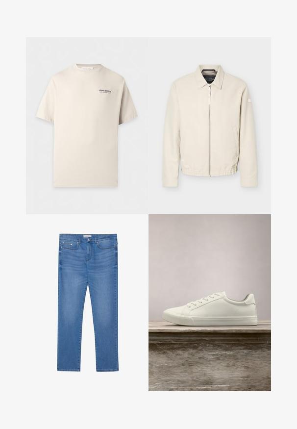 Veste beige à fermeture éclair avec col, manches longues, deux poches latérales, taille élastique et un petit patch sur la manche gauche.; T-shirt beige à manches courtes avec col rond et petit texte noir "URBAN HERITAGE WHERE FOOTSTEPS MEET HISTORY" sur la poitrine gauche.; Jeans en denim bleu clair avec une coupe droite, design à cinq poches, décoloration subtile et accents en métal au niveau de la taille et des poches.; Sneaker en dentelle blanche flottant au-dessus d'un banc en bois avec un feuillage vert en arrière-plan, mettant en valeur le design et la texture de la chaussure.