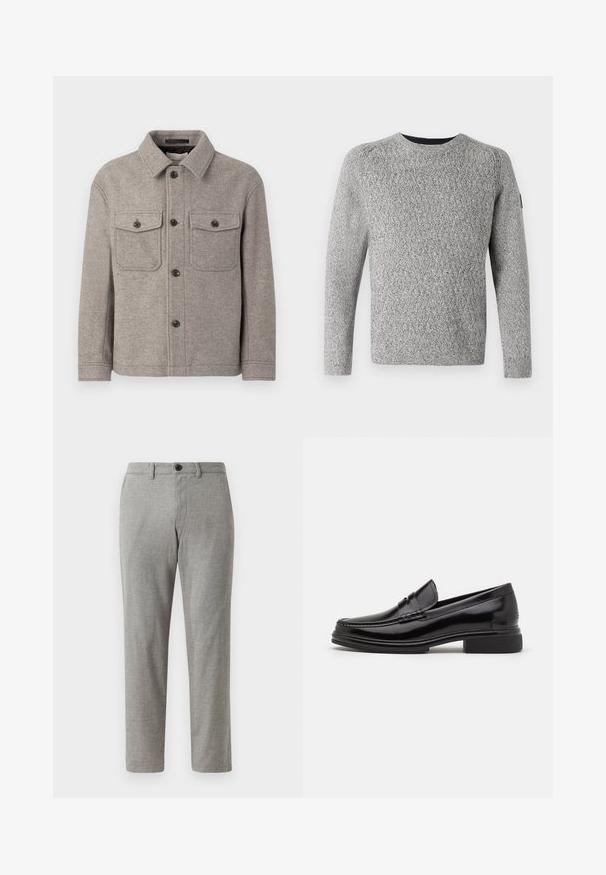 Halli hallide villasegu jakk, millel on terav krae, kaks rinnataskut, esi nuppe kinnitamine ja pikad varrukad. Tekstuuriga pind ja klassikaline disain.; TOM TAILOR STRUCTURED MULTICOLOR CREW NECK - Džemper - beige/off white; Hallid hallid kootud püksid sirge lõikega, nuppude kinnituse ja vööaasadega; sile tekstuur ja kerge kangas igapäevaseks kandmiseks.; Mustad nahast loaferid ümarate varvastega, millel on tikitud detail vampiirüles. Madal plokk-kand ja siledad tekstuur ning läikiv viimistlus.