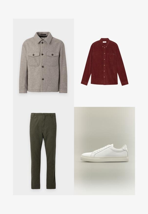 Grau melierte Wollmischjacke mit spitzem Kragen, zwei Brusttaschen, vorderem Knopfverschluss und langen Ärmeln. Strukturiert Oberfläche und klassisches Design.; Rote Cordhemd mit Button-Down-Kragen, langen Ärmeln, Brusttasche und goldfarbenen Knöpfen. Strukturierter Stoff.; Gerade geschnittene Chino-Hosen in dunkelolivgrün mit vorderem Knopf- und Reißverschluss, seitlichen und kleinen schrägen Vordertaschen.; Weißer Sneaker mit niedrigem Schaft, vorn mit Schnürung und dicker Sohle, aus der Seitenansicht vor neutralem Hintergrund.