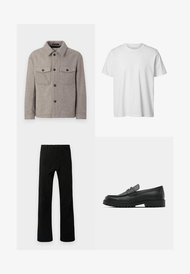 Veste en mélange de laine grise avec un col pointu, deux poches poitrine, fermeture à boutons sur le devant et manches longues. Surface texturée et design classique.; T-shirt blanc uni à manches courtes, col rond, coupe décontractée, sans logos ni motifs visibles à l'avant.; Pantalons noirs à jambe droite avec poches avant, fermeture par bouton et passants de ceinture, présentés sur un fond blanc.; Mocassins en cuir noir à bout arrondi, avec un design cousu, une semelle plateforme basse et une semelle en caoutchouc texturée et crantée.