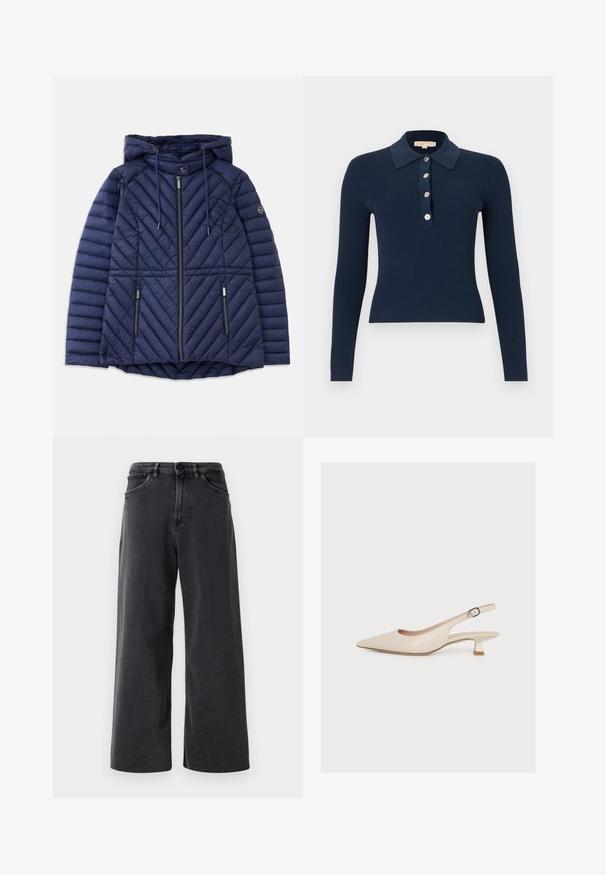 Marineblaue gesteppte Kapuzenjacke mit Frontreißverschluss, zwei Reißverschlusstaschen, Kordelzügen und Logo auf dem linken Ärmel.; Marineblaues, geripptes Polohemd mit langen Ärmeln, vier Knöpfen vorne und klassischem Kragen, schlanke Passform.; Schwarze weite Jeans mit Knopf und Reißverschluss vorne, Gürtelschlaufen und Fronttaschen auf einem schlichten weißen Hintergrund.; Beiger Slingback-Schuh mit spitzer Kappe, niedrigem Kitten-Heel und einem Knöchelriemchen mit kleiner Schnalle, gezeigt auf schlichtem weißem Hintergrund.