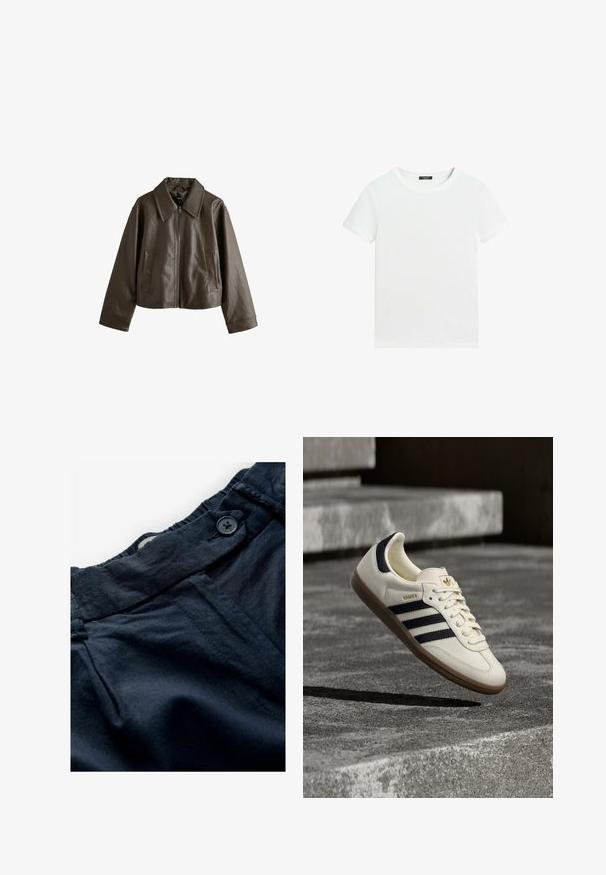 Veste marron en simili cuir avec une fermeture éclair devant, un large col, des manches longues et deux poches verticales sur le devant.; T-shirt blanc uni à manches courtes avec un col rond et une petite étiquette noire à l’intérieur du col.; Pantalons bleu marine en tissu léger avec une ceinture plate, fermeture à bouton et texture subtile. Comprend des poches et des détails de couture.; Baskets blanches Adidas Samba avec des bandes noires et une semelle en gomme, flottant au-dessus de marches en béton gris texturé.