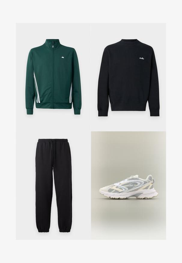Grøn zip-up træningjakke med høj krave, hvide sideløjfer og logo på brystet. Glat stof med letvægts, sporty design.; Sort langærmet crewneck-sweatshirt med lille hvidt "ellesse"-logo på venstre bryst, ribkant ved ærmer, halsudskæring og kant.; Sorte joggingbukser lavet af blødt stof, med elastisk talje og justerbar snor, samt manchetter ved bunden.; Hvid atletiksko med grå mesh-paneler, teksturerede overlejringer, en polstret krave og en gummisål med små grebspidser.