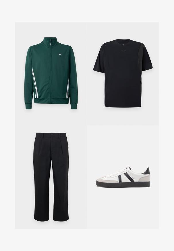 Grøn zip-up træningjakke med høj krave, hvide sideløjfer og logo på brystet. Glat stof med letvægts, sporty design.; Sort t-shirt med korte ærmer lavet af glat stof, med et asymmetrisk design og et lille logo på brystet.; Sorte bukser med lige pasform, der har folder foran, knaplukning og en glat stofstruktur.; Hvide sneakers med sorte og grå detaljer, med en tekstureret grå tåhætte, sort gummisål og flade hvide snørebånd. Rent design, minimalistisk stil.
