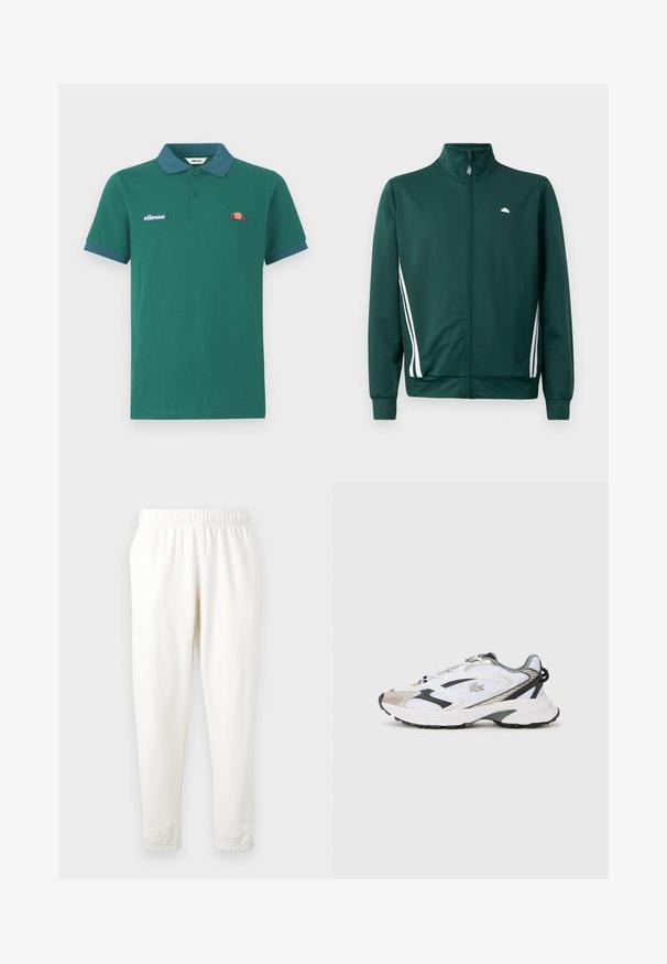 Grøn zip-up træningjakke med høj krave, hvide sideløjfer og logo på brystet. Glat stof med letvægts, sporty design.; Grøn polo shirt lavet af bomuld med en kontrasterende blå krave og manchetter. Har et broderet logo og et lille farverigt design på brystet.; Elastisk-talje cremfargede sweatpants med tapered ben, lavet af blødt materiale. Har en glat overflade og ingen synlige mønstre eller accenter.; Hvide sportsko med sølv- og sorte detaljer, mesh-overdel, struktureret sål og et strømlinet design med et logo på siden.