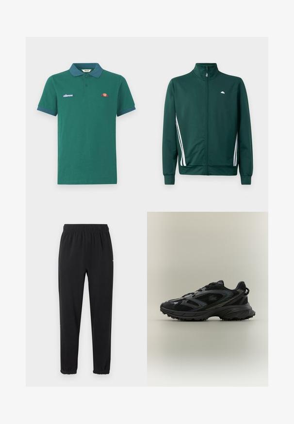 Grøn zip-up træningjakke med høj krave, hvide sideløjfer og logo på brystet. Glat stof med letvægts, sporty design.; Grøn polo shirt lavet af bomuld med en kontrasterende blå krave og manchetter. Har et broderet logo og et lille farverigt design på brystet.; Sorte joggingbukser med elastik i taljen og elastiske manchetter, lige pasform og uden synlige udsmykninger, vist mod en lys baggrund.; Sort atletisk sko med meshpaneler, en tekstureret sål, snørebånd og en buet silhuet med sølvfarvede accenter på siderne.