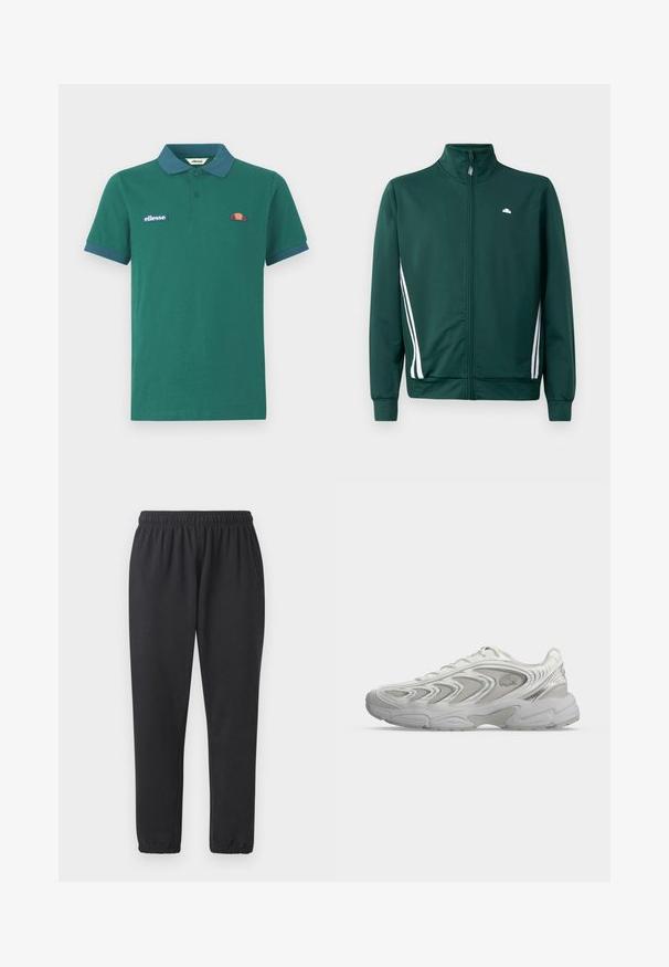 Grøn zip-up træningjakke med høj krave, hvide sideløjfer og logo på brystet. Glat stof med letvægts, sporty design.; Grøn polo shirt lavet af bomuld med en kontrasterende blå krave og manchetter. Har et broderet logo og et lille farverigt design på brystet.; Sorte atletiske bukser lavet af blødt stof, med elastisk talje, sidelommer og tætsiddende ben med ribbede manchetter.; Hvid atletisk sneaker med bølgemønstre, meshpaneler og tyk polstret sål, vist fra siden på en ensfarvet lys baggrund.