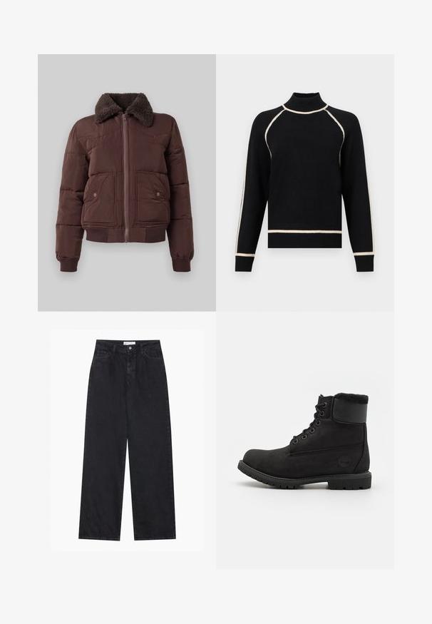 Veste matelassée marron avec un col en fausse fourrure, fermeture éclair à l'avant et deux poches latérales. Poignets et ourlet côtelés pour un ajustement confortable.; Pull noir à col montant, avec des accents crème le long des épaules et de l'ourlet. Confectionné dans un tissu doux et texturé.; Jeans en denim noirs taille haute à jambes larges avec fermeture à bouton et zip à l'avant, passants de ceinture et style à cinq poches.; Bottine en cuir noir avec un bout rond, lacets à l'avant, col en fausse fourrure et semelle en caoutchouc. Présente un logo de marque sur le côté.