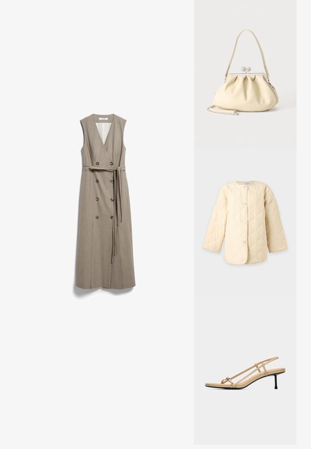 Cream-colored quilted jacket with long sleeves and snap button closure, featuring a diamond pattern and round neckline.; Sleeveless beige midi dress with V-neck, double-breasted buttons, and a matching fabric belt tied at the waist.; Beige strappy sandal with thin toe loop, two side straps, slingback strap, cushioned footbed, and slender black mid-height heel.; Cream-colored soft leather handbag with gathered design, silver frame clasp, short handle, and a detachable chain strap.