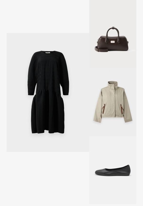 Chaqueta beige con cuello alto, mangas largas y dos bolsillos delanteros con cremallera, acentuados con tiradores de cuero marrón, mostrada sobre un fondo liso.; Vestido midi negro con textura, de mangas largas, cintura fruncida y escote redondo, exhibido sobre un fondo blanco.; Bailarina de piel negra con punta redondeada, textura suave, detalle de costura minimalista y diseño de suela flexible.; Bolso de mano de cuero marrón oscuro con dos asas, correa de hombro desmontable y una pequeña placa de marca plateada rectangular en la parte delantera.